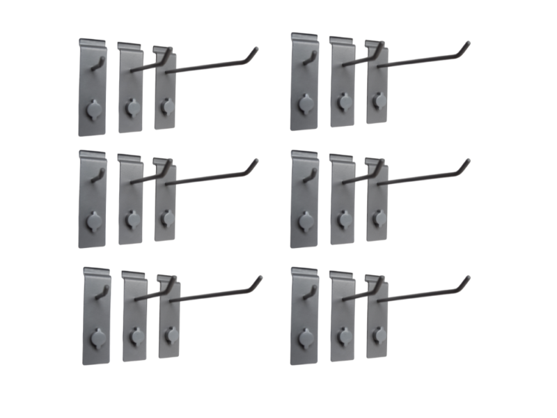 Single hook variety pack with 2, 4, and 8 inch hooks on MR SLAT slatwall