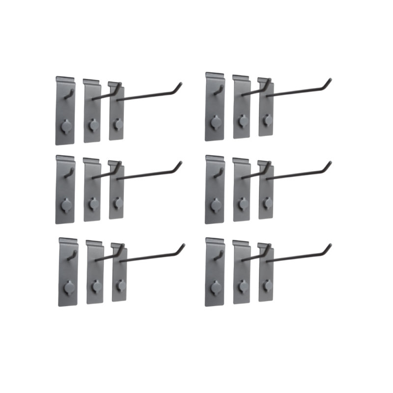 Single hook variety pack with 2, 4, and 8 inch hooks on MR SLAT slatwall