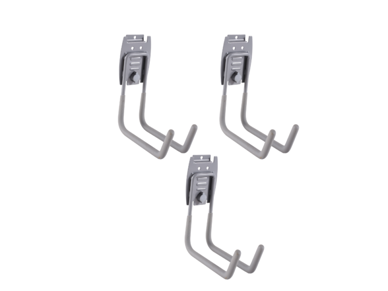 Big J hook mounted on MR SLAT slatwall holding large tools in garage