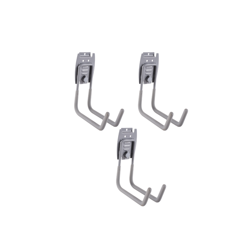 Big J hook mounted on MR SLAT slatwall holding large tools in garage