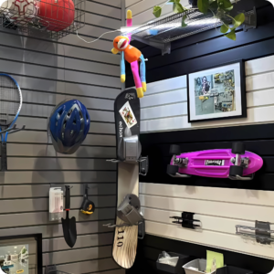 MR SLAT slatwall hooks holding tools in garage wall system