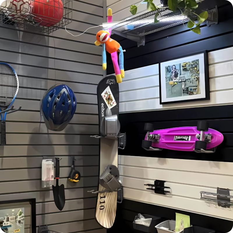 MR SLAT slatwall hooks holding tools in garage wall system