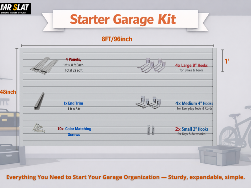 MR SLAT Starter Garage Kit – 8 ft × 4 ft PVC Slatwall System with Hooks & Accessories, Gray / White / Black