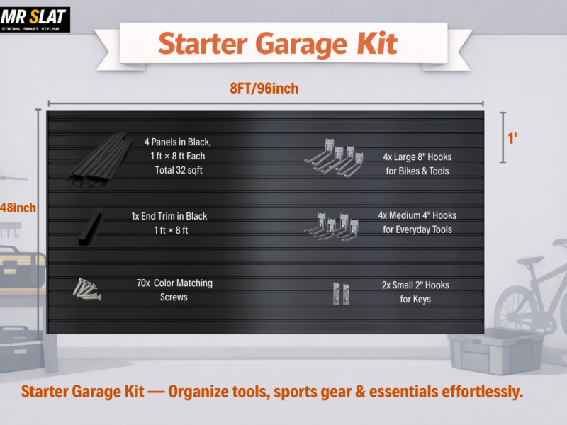 MR SLAT Starter Garage Kit – 8 ft × 4 ft PVC Slatwall System with Hooks & Accessories, Black/Gray/White