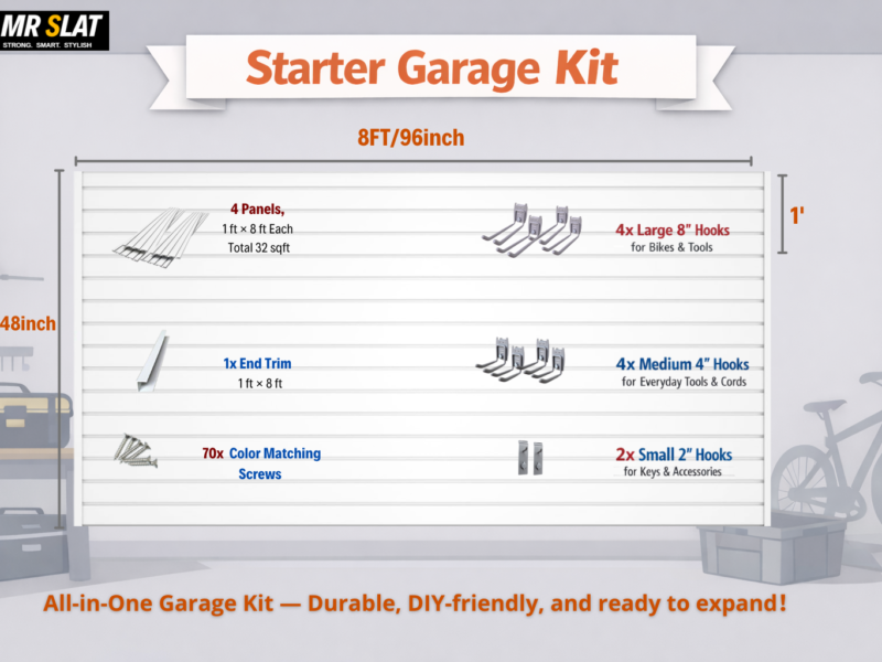 MR SLAT Starter Garage Kit – 8 ft × 4 ft PVC Slatwall System with Hooks & Accessories,White / Gray/ Black