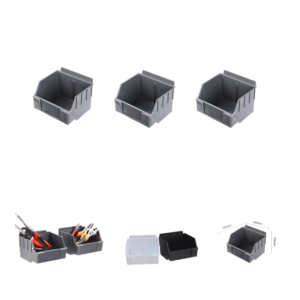 Plastic small parts storage bins on MR SLAT slatwall in multiple colors