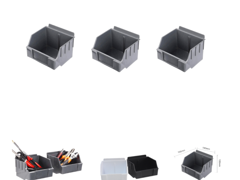 Plastic small parts storage bins on MR SLAT slatwall in multiple colors