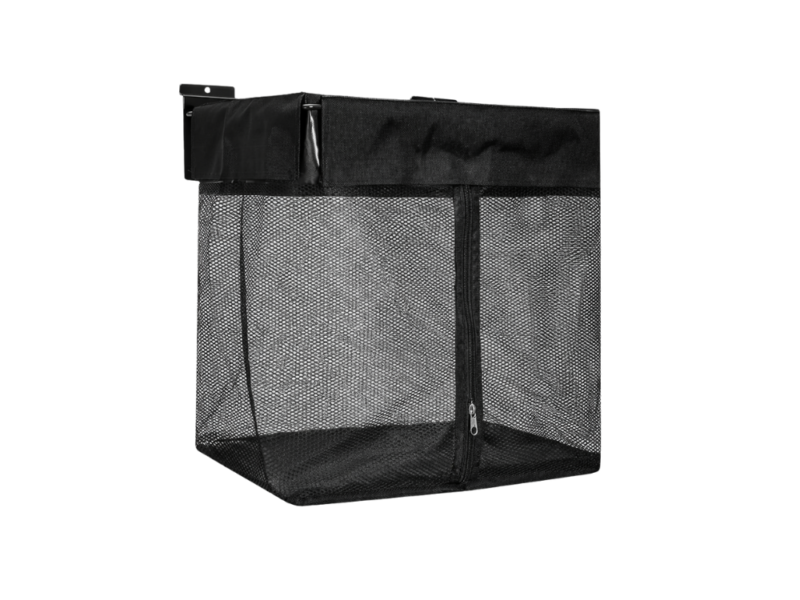 Black slatwall mesh storage bag with front zipper, hanging organizer for MR SLAT slatwall