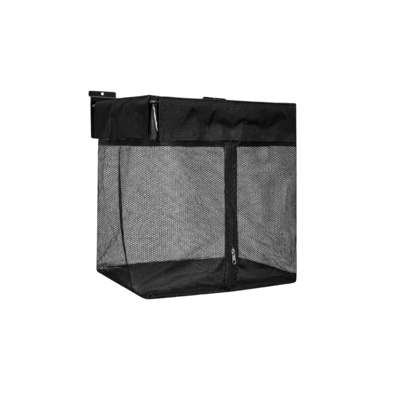 Black slatwall mesh storage bag with front zipper, hanging organizer for MR SLAT slatwall