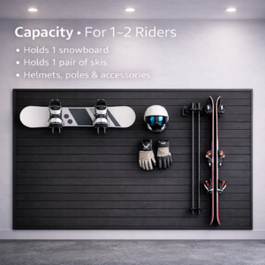 MR SLAT Starter Ski Kit capacity for 1–2 riders with snowboard, skis, helmet, poles and winter gear organized on slatwall