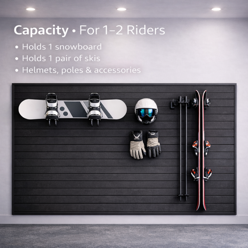 MR SLAT Starter Ski Kit capacity for 1–2 riders with snowboard, skis, helmet, poles and winter gear organized on slatwall