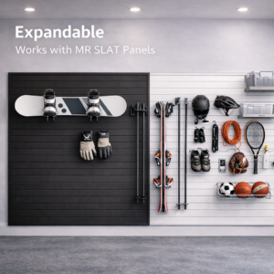 Expandable MR SLAT ski wall storage system compatible with additional panels and hooks for future organization