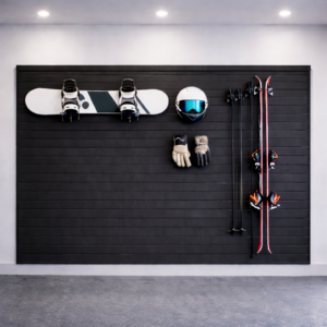 Expandable MR SLAT ski wall storage system compatible with additional panels and hooks for future organization