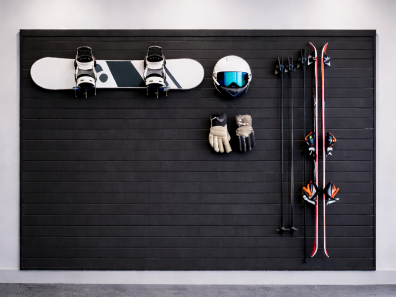Expandable MR SLAT ski wall storage system compatible with additional panels and hooks for future organization