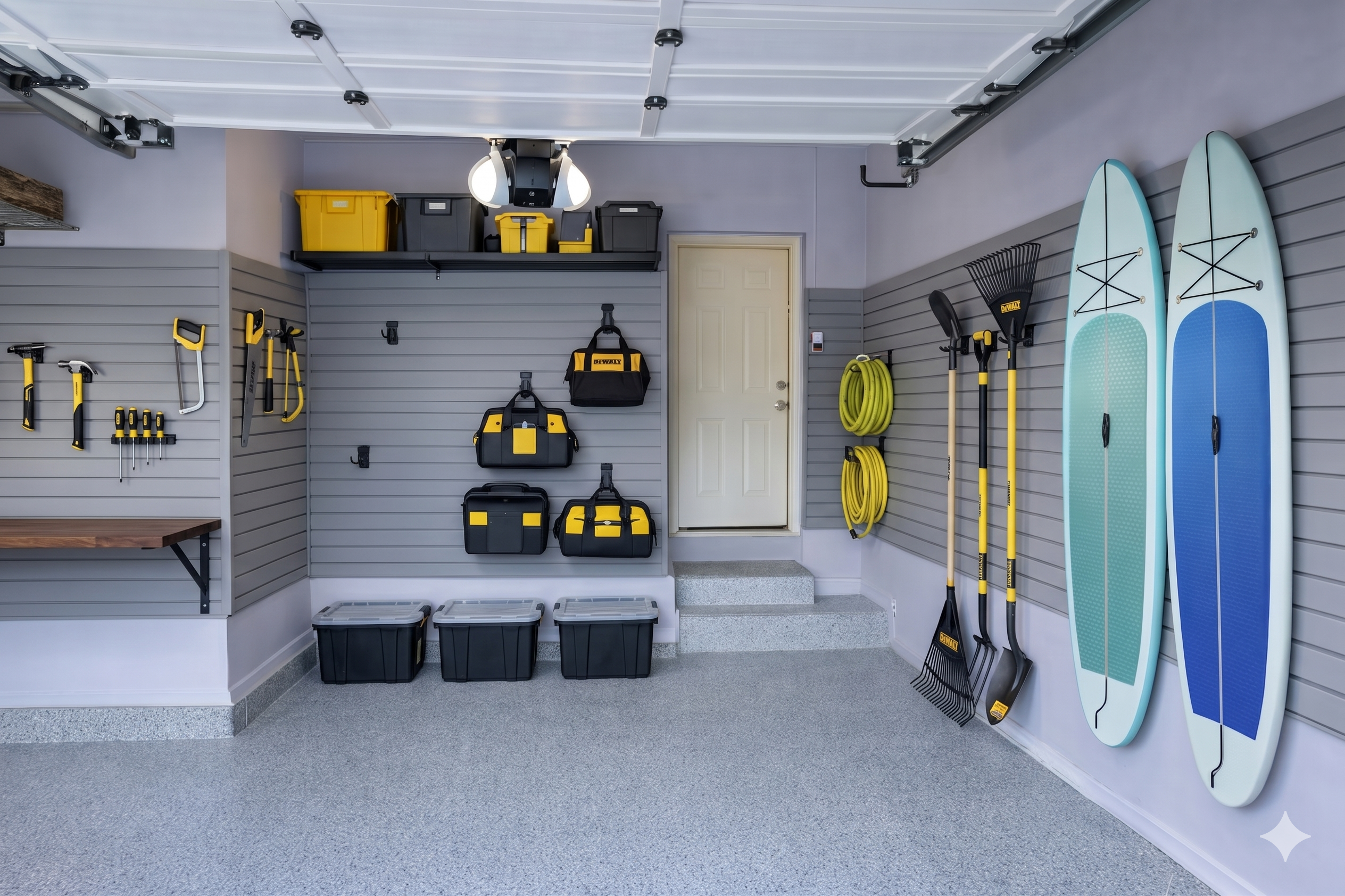 After garage transformation with organized tools on gray slatwall system, clean and functional garage design